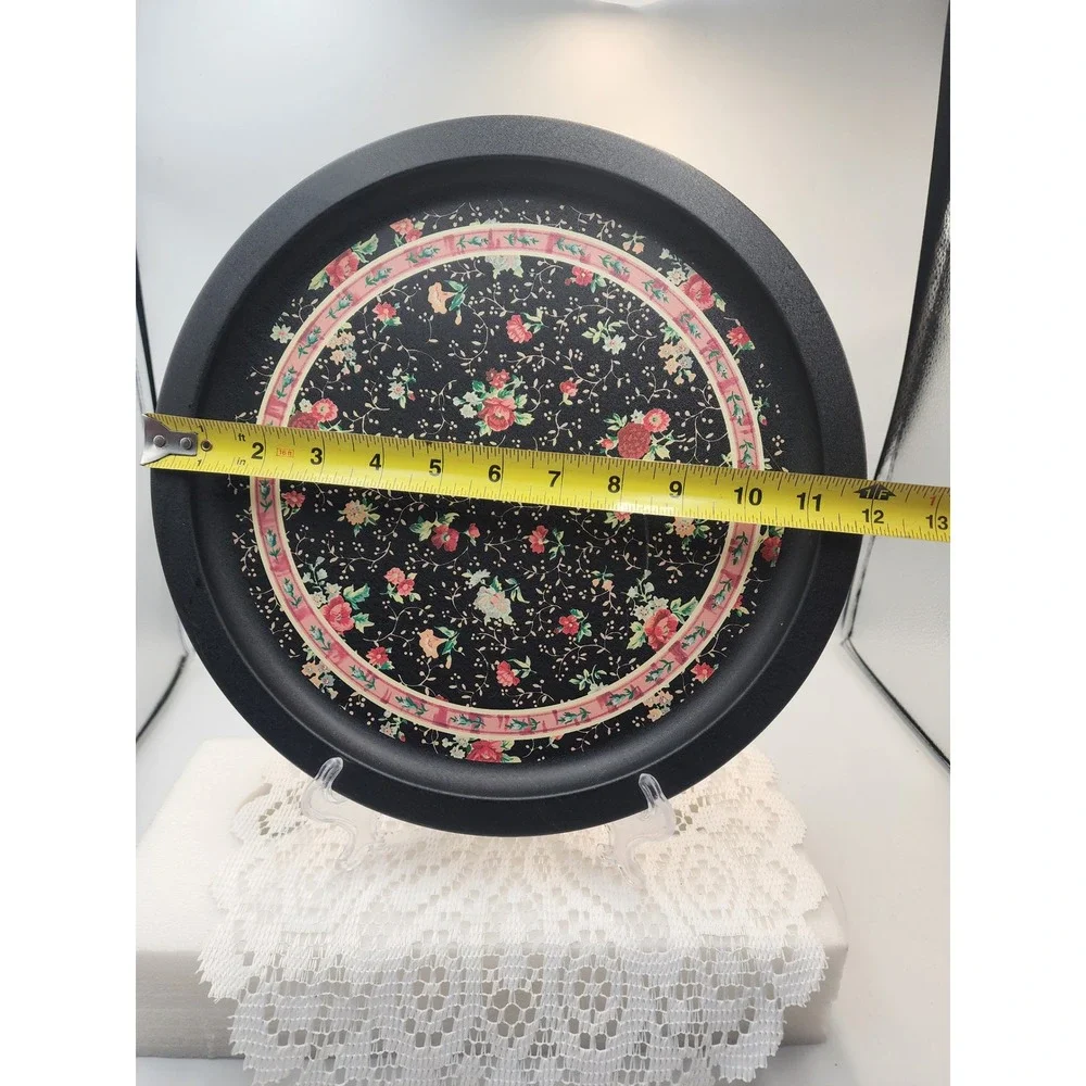 Vintage Style Round Metal Floral Serving Tray Black Pink Rose‎ 12.5 Inch Tin